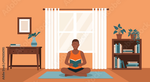 A young man sits cross legged reading a book in a brightly lit room with minimalist decor