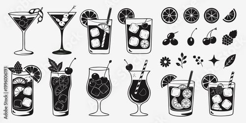 Collection of black and white line art cocktail glasses and garnishes for a stylish bar menu.