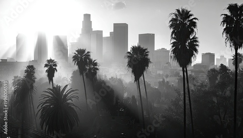 Misty Morning Skyline of Los Angeles with Palm Trees.