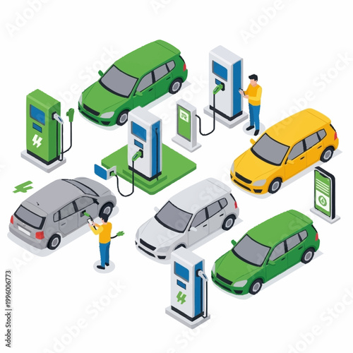 Electric Cars Charging Stations Isometric Illustration.