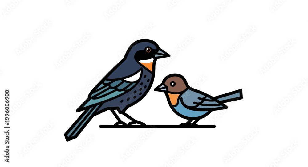 Obraz premium Two Colorful Birds Perched Together on a Branch, Simple Illustration.