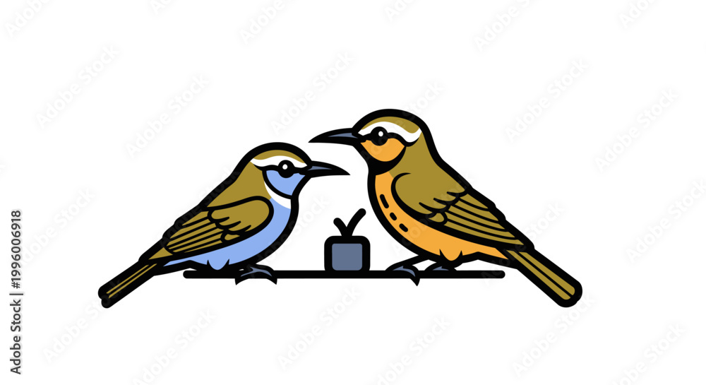 Fototapeta premium Two Colorful Birds Perched Together on a Branch with a Small Object.