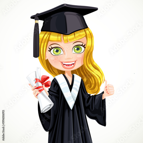 Blond girl in cap and gown graduate holding a scroll diploma