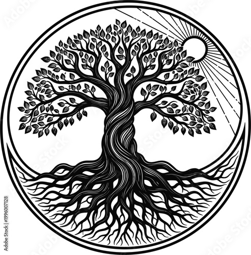 Mystical Tree of Life Vector Illustration with Deep Roots and Sun Elements in a Circular Frame for Spiritual, Wellness, and Nature Branding Projects