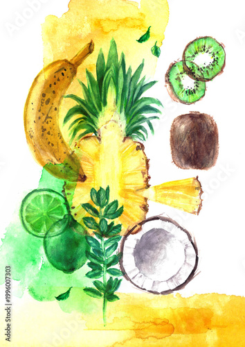 Hand drawn watercolor food illustration. Tropical fruit smoothie recipe ingredients. Pineapple lime mint coconut banana kiwi. Healthy detox diet. Motivational poster. For food and drink menu