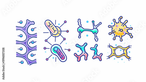 Colorful illustrated representations of various microscopic cells and biological structures