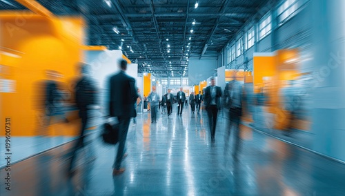 Blurred motion of business people walking in a convention center hallway.