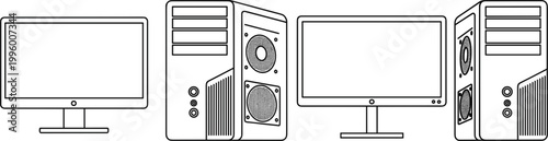 Desktop Personal Computer and CPU Tower Icon Set with Monitor Screen from Different Angles for IT Services, Hardware Repair, Office Workstation, and Technology Equipment Vector Illustration