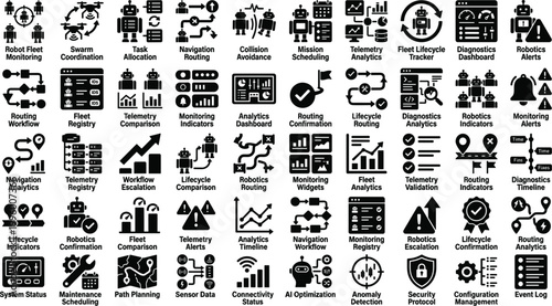 Photos Robotics fleet analytics icon set with telemetry routing diagnostics monitoring