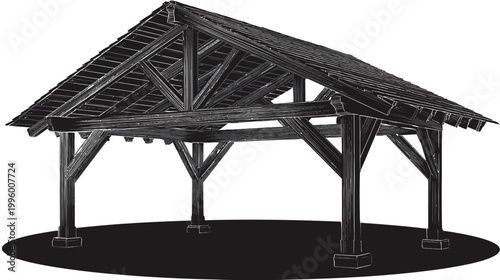 Stylized black and gray gazebo structure, four posts, open roof