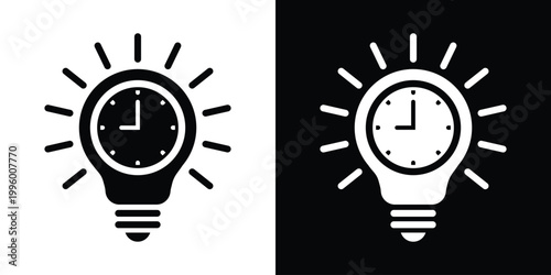 Light bulb icon with a clock face inside and shining rays. Represents time management, deadline awareness, efficient planning, and strategic thinking. Black and white vector design.
