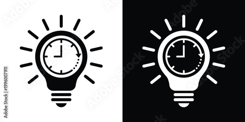 Light bulb icon with a clock face inside and shining rays. Represents time management, deadline awareness, efficient planning, and strategic thinking. Black and white vector design.