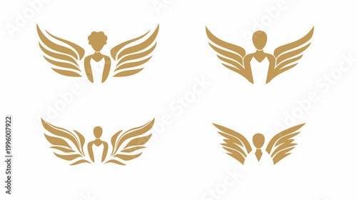 Golden emblem set with figures wearing formal attire and symmetrical stylized wings