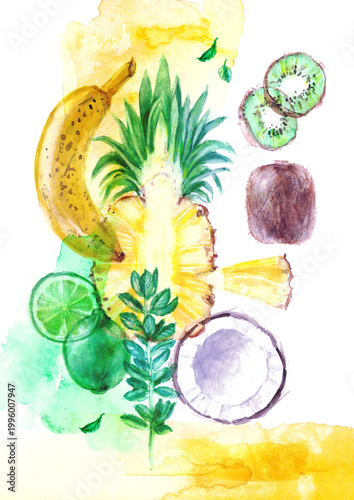Hand drawn watercolor food illustration. Tropical fruit smoothie recipe ingredients. Pineapple lime mint coconut banana kiwi. Healthy detox diet. Motivational poster. For food and drink menu