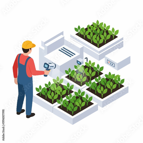 Farmer using technology to monitor plant growth in a modern farm.