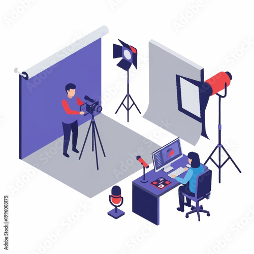 Filmmaker and editor working in a modern studio setup.