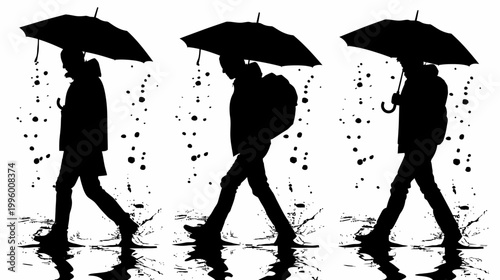 Three figures in silhouette with umbrellas walk through rain and puddles