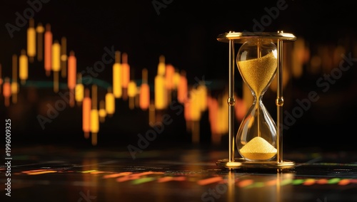 Hourglass on a Stock Market Chart Background Symbolizing Time and Investment.