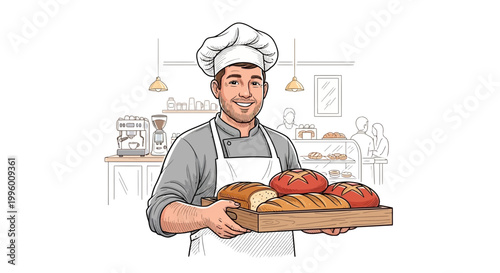 Smiling Baker Holding Freshly Baked Bread in a Bakery