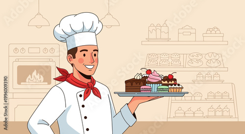 Smiling Chef Holding a Tray of Delicious Desserts and Pastries in a Bakery