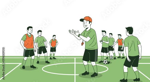 Soccer Coach Training Young Players on Field with Ball