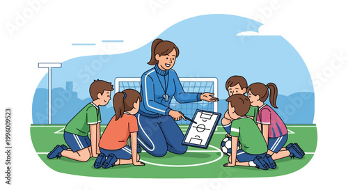 Soccer Coach Teaching Children Strategy on Field with Tactics Board