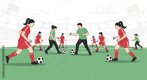 Soccer training session with women players and coach on stadium field