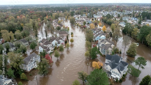 Aerial View of a Flooded Suburban Neighborhood with Streets Submerged in Water.