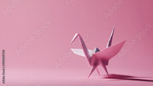 Origami crane on pale pink background