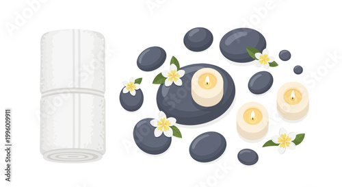 Spa massage stones, candles, and rolled white towels for relaxation and wellness