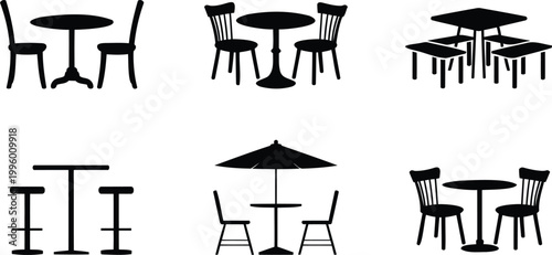 Cuadro en lienzo Black silhouettes of various dining and seating arrangements with tables and cha