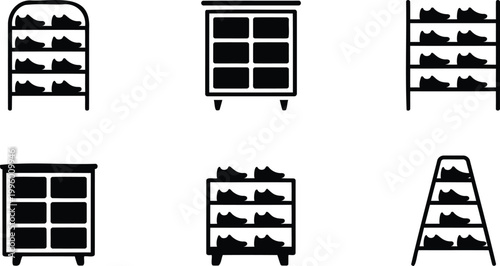 Black silhouettes of various shoe storage furniture and racks with shoes on shelves  isolated on white background