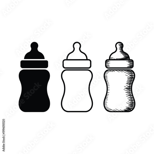 Baby bottle set with solid fill outline and sketched artistic drawings representing different styles on transparent background.