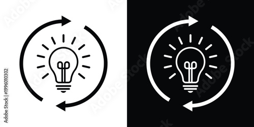 A lightbulb icon enclosed in a circular arrow, symbolizing energy efficiency, recycling, sustainability, continuous improvement, and the cycle of innovative ideas, flat vector style.