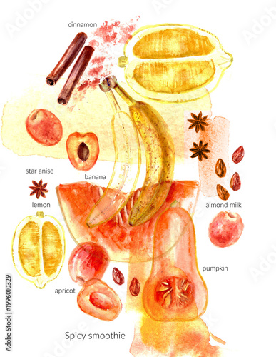 Hand drawn watercolor food illustration. Spicy orange smoothie recipe ingredients. Pumpkin banana lemon apricot cinnamon almond star anise. Healthy detox diet. Motivational poster. For food and drink 