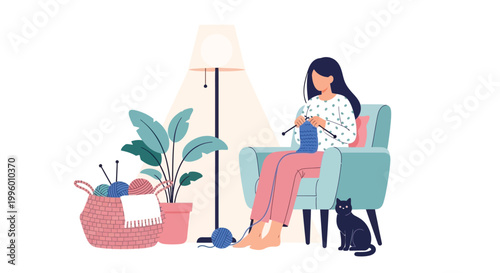 A woman relaxes in her living room peacefully knitting with a cat and plants nearby