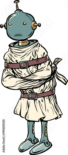 A robot in a straitjacket. Artificial intelligence is going crazy. AI is emotionally unstable.