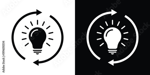 A lightbulb icon enclosed in a circular arrow, symbolizing energy efficiency, recycling, sustainability, continuous improvement, and the cycle of innovative ideas, flat vector style.