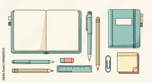 Stationery Set: Open Notebook, Pens, Pencils, Ruler, Eraser, Paperclip, Sticky Notes
