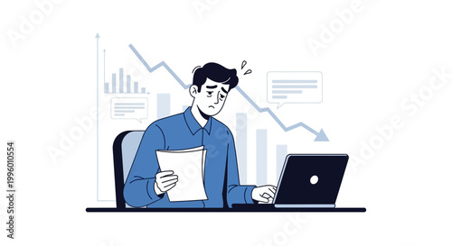 Stressed businessman looking at falling graph on laptop, financial crisis concept