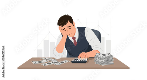 Stressed Businessman Calculating Money with Calculator and Bills, Financial Crisis Concept