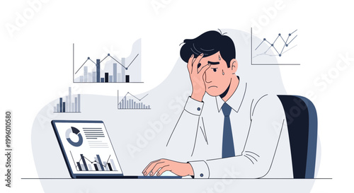 Stressed Businessman Overwhelmed by Financial Data and Charts on Laptop