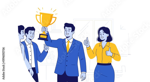Successful Business Team Celebrates Victory with Trophy, Teamwork and Achievement Concept