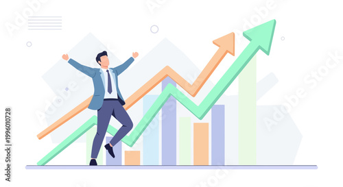 Successful businessman celebrating financial growth with upward trending stock market graph