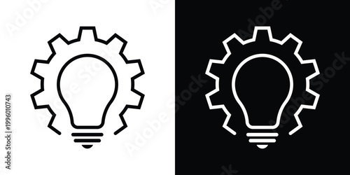 A lightbulb set inside a large gear cog, representing engineering solutions, industrial innovation, technical creativity, and the power of smart ideas in a simple, flat vector icon.