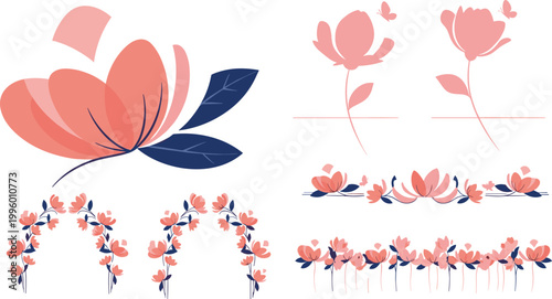 Elegant pink magnolia flowers and floral borders decorative botanical vector illustration set