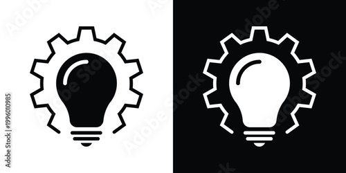 A lightbulb set inside a large gear cog, representing engineering solutions, industrial innovation, technical creativity, and the power of smart ideas in a simple, flat vector icon.