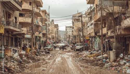 Devastated City Street After Conflict Shows Widespread Destruction and Debris.