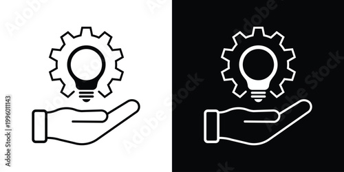 A hand holding a lightbulb integrated with a gear, symbolizing technical support, innovation, maintenance, and expert service in a flat, minimalist vector icon style.