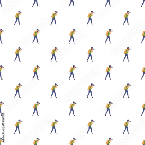 People taking photographs creating a repeating seamless pattern on a white background